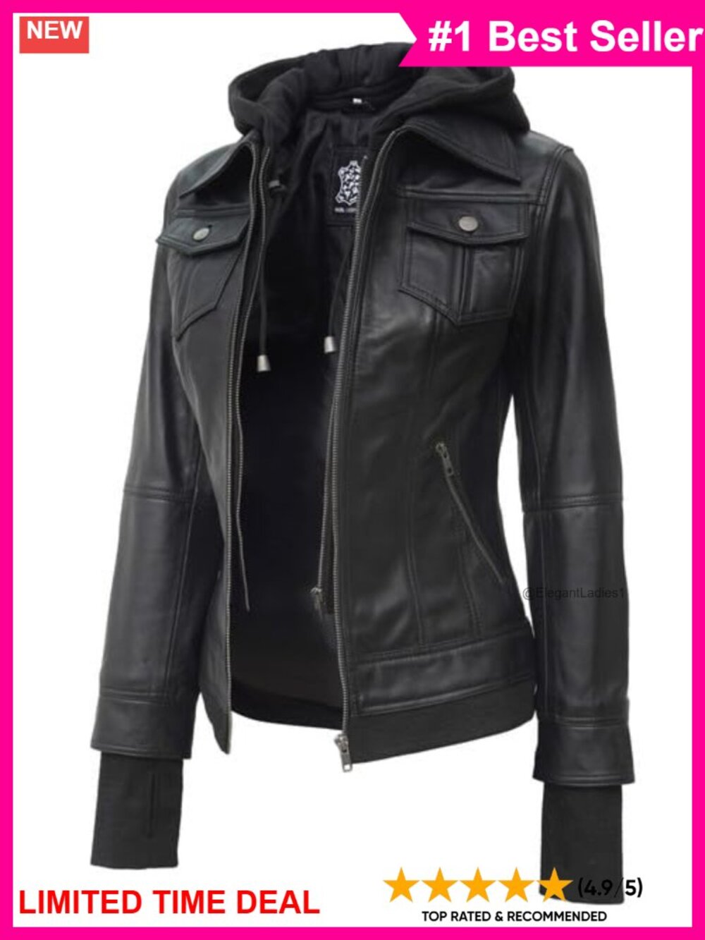 Real Lambskin Leather Bomber Jacket Detachable Hood Womens